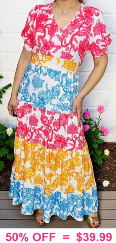 Med, Pink, Yellow, Blue Design Maxi Dress Med, Pink, Yellow, Blue Design Maxi Dress