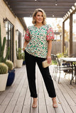 M, L, 2X, 3X Green Floral Blouse With Pink Embroidery Puff Sleeves