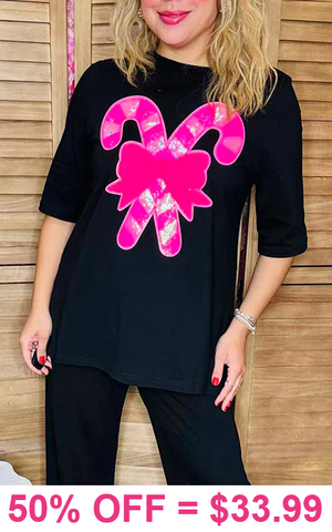 Pink Candy Cane sequin patch black top
