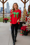 2X, 3X : Red long sleeve with sequin green bows