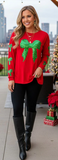 2X, 3X : Red long sleeve with sequin green bows