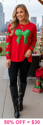 L, XL, 2X : Red long sleeve with sequin green bows