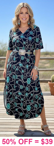 M, L : Concho Print Western Dress side slits