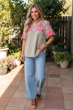 Tan Plaid Blouse with Pink Embroidery puff sleeves