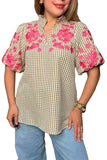 Tan Plaid Blouse with Pink Embroidery puff sleeves