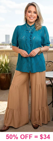 Teal lace ruffle blouse