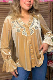 Velvet Blouse with Embroidery neckline & Bell Sleeves