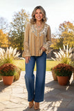 Velvet Blouse with Embroidery neckline & Bell Sleeves