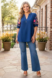 Navy Blouse with embroidery sleeves