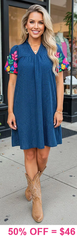 Navy Dress with Embroidery puff sleeves