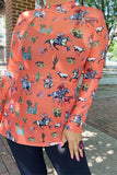 3X : Orange Western print SHEER long sleeve top