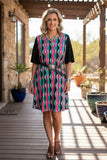 Turquoise & Pink tribal flutter dress black bell sleeves