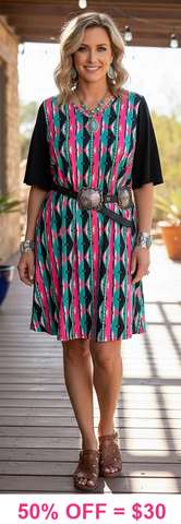 Turquoise & Pink tribal flutter dress black bell sleeves