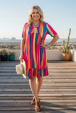 Pink, Yellow, Blue Stripe Dress With Bottom Ruffle Trim