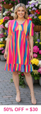 Pink, Yellow, Blue Stripe Dress With Bottom Ruffle Trim
