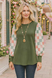 Olive Green top with checkered sleeves