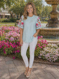 M, 3X Blue Stripe Beautiful Embroidery Sleeve Top