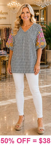 Black and White blouse Embroidery Sleeve