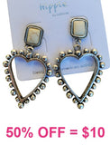 Silver studded heart outline earrings with cream stone