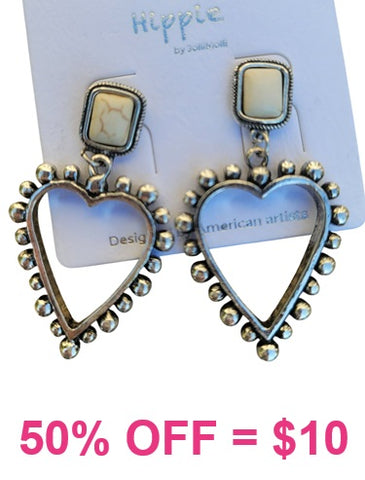 Silver studded heart outline earrings with cream stone