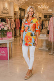 Blue Top With Orange Floral Print