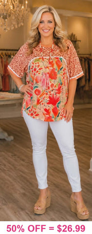 Orange Floral & leopard print top