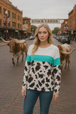 White, Turquoise, Cow print color block top