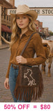 Brown Genuine leather fringe bag white stitching horse design