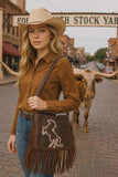 Brown Genuine leather fringe bag white stitching horse design