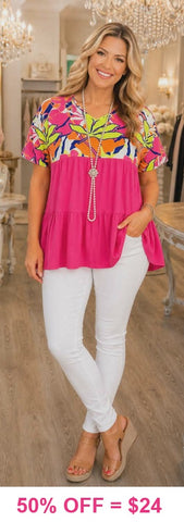 Neon Tropical, Pink Baby Doll Top - Loose Fit