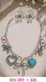 Silver Charm necklace with bows, hearts and cards