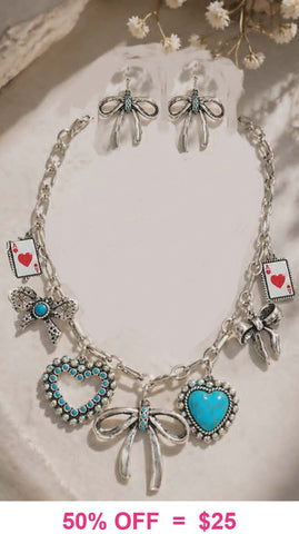 Silver Charm necklace with bows, hearts and cards