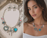 Silver Charm necklace with bows, hearts and cards