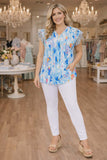 L, XL, 2X, 3X Light Blue Floral Top Ruffle Cap Sleeve