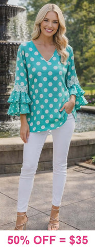 Turquoise Polka Dot ruffle bell sleeve top