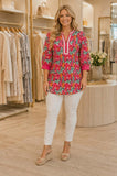 Pink Floral Blouse With Stripe V-Neck