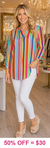 Stripe v-neck top roll tab sleeves