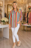 Stripe v-neck top roll tab sleeves