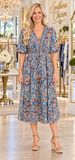 Blue and Brown printed midi dress