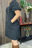 2X,3X Black Dress with pearl bubble sleeves