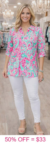 Pink & Mint paisley roll tab sleeve top