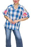Blue & White Checker Blouse With Embroidery Puff Sleeves