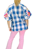Blue & White Checker Blouse With Embroidery Puff Sleeves