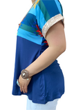 Blue Tribal Top with Sequin Trim Short Sleeves