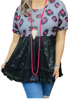 Black Sequin Baby Doll Top With Grey & Pink Leopard