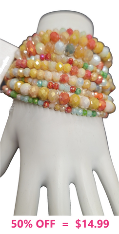 Multi Cream Soft Tones Crystal Beaded, 9 Piece Stretch Bracelets