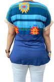 Blue Tribal Top with Sequin Trim Short Sleeves