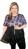 Black Sequin Baby Doll Top With Grey & Pink Leopard