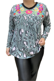 Floral Embroidery Grey Leopard long sleeve top