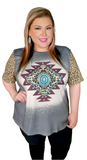 Tribal & TQ Concho Graphic Top With Leopard Sleeves